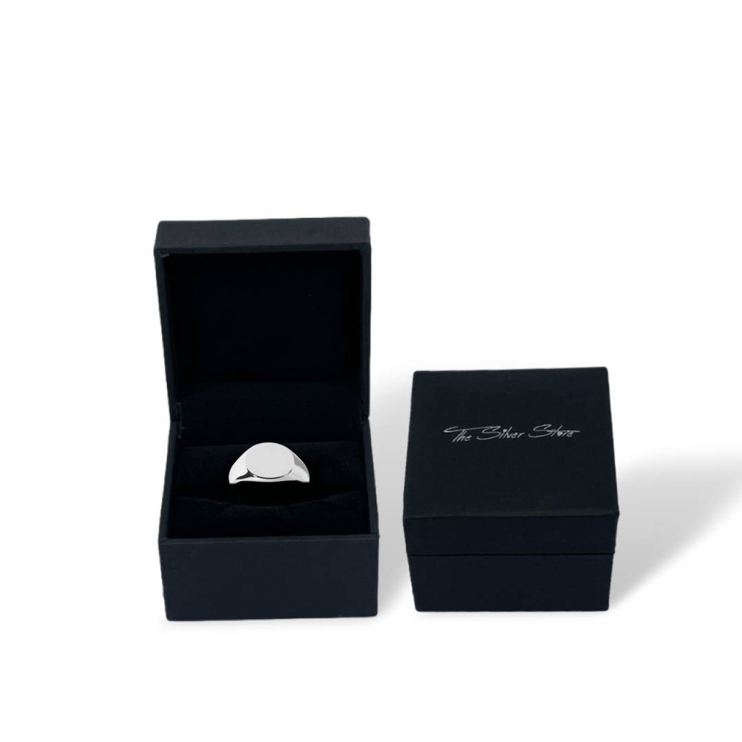 bold steel signet ring in gift box