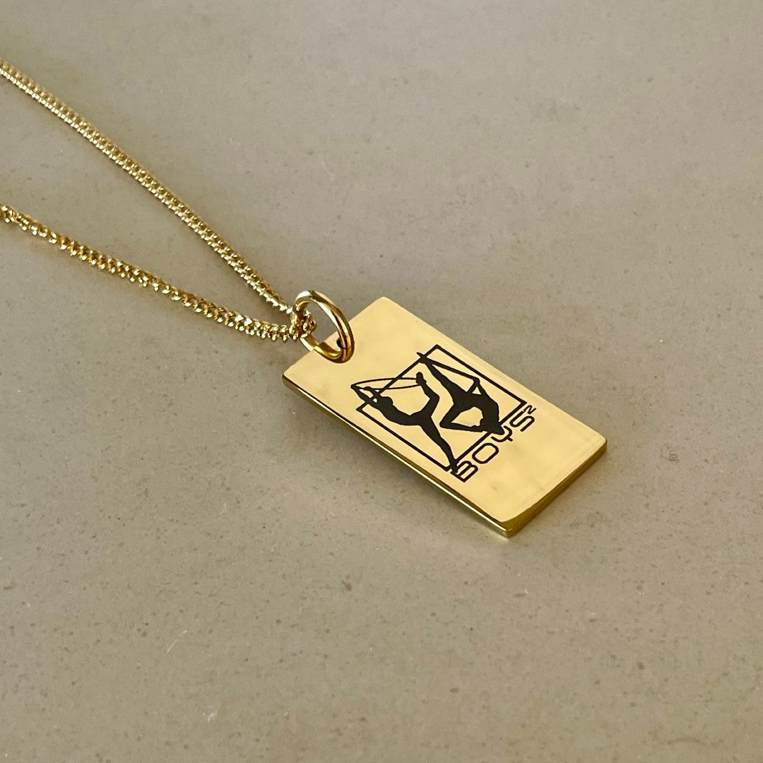 gymnastics logo engraved on steel bar necklace