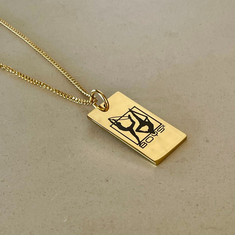 gymnastics logo engraved on steel bar necklace