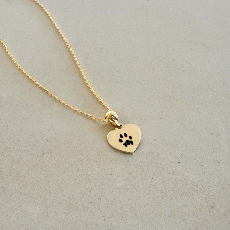 cat paw engraved on solid gold mini heart pendant
