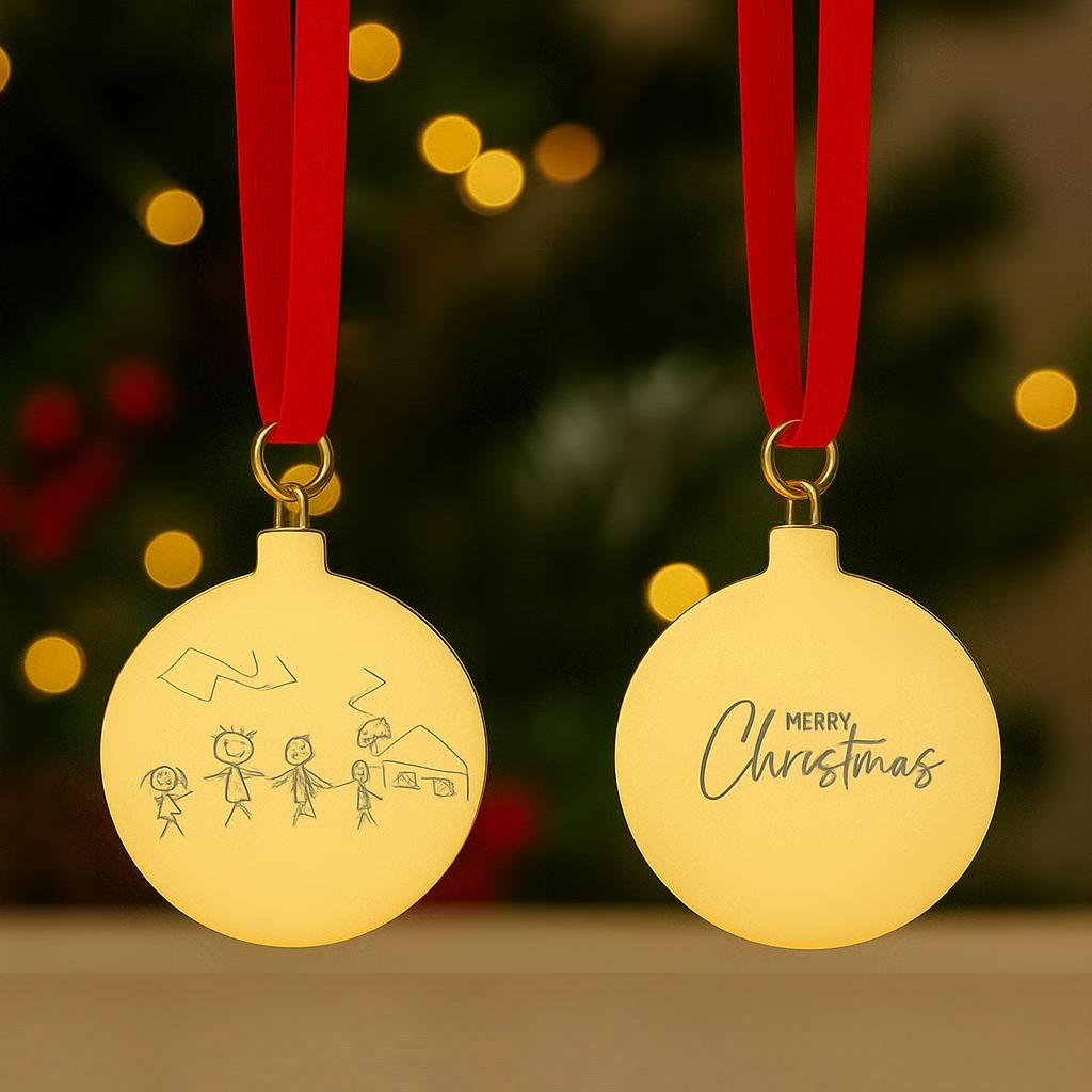 Christmas tree decoration engraved with child's drawing