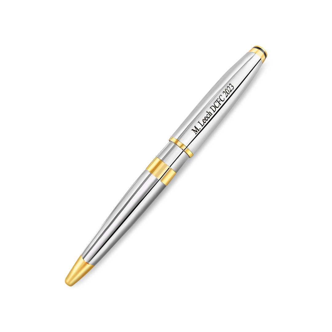 chrome silver and gold pen engraved