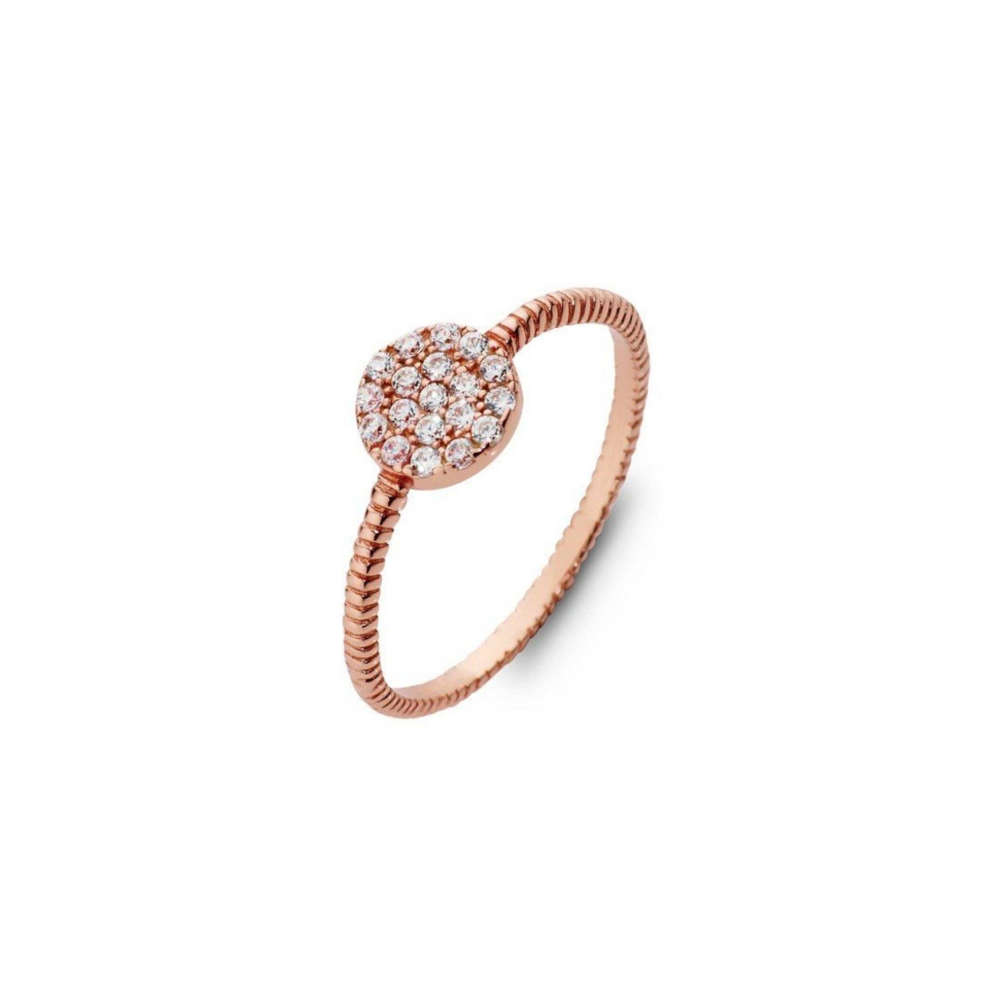 stackable sterling silver ring plated with rose gold, cubic zirconia cluster disc ring.