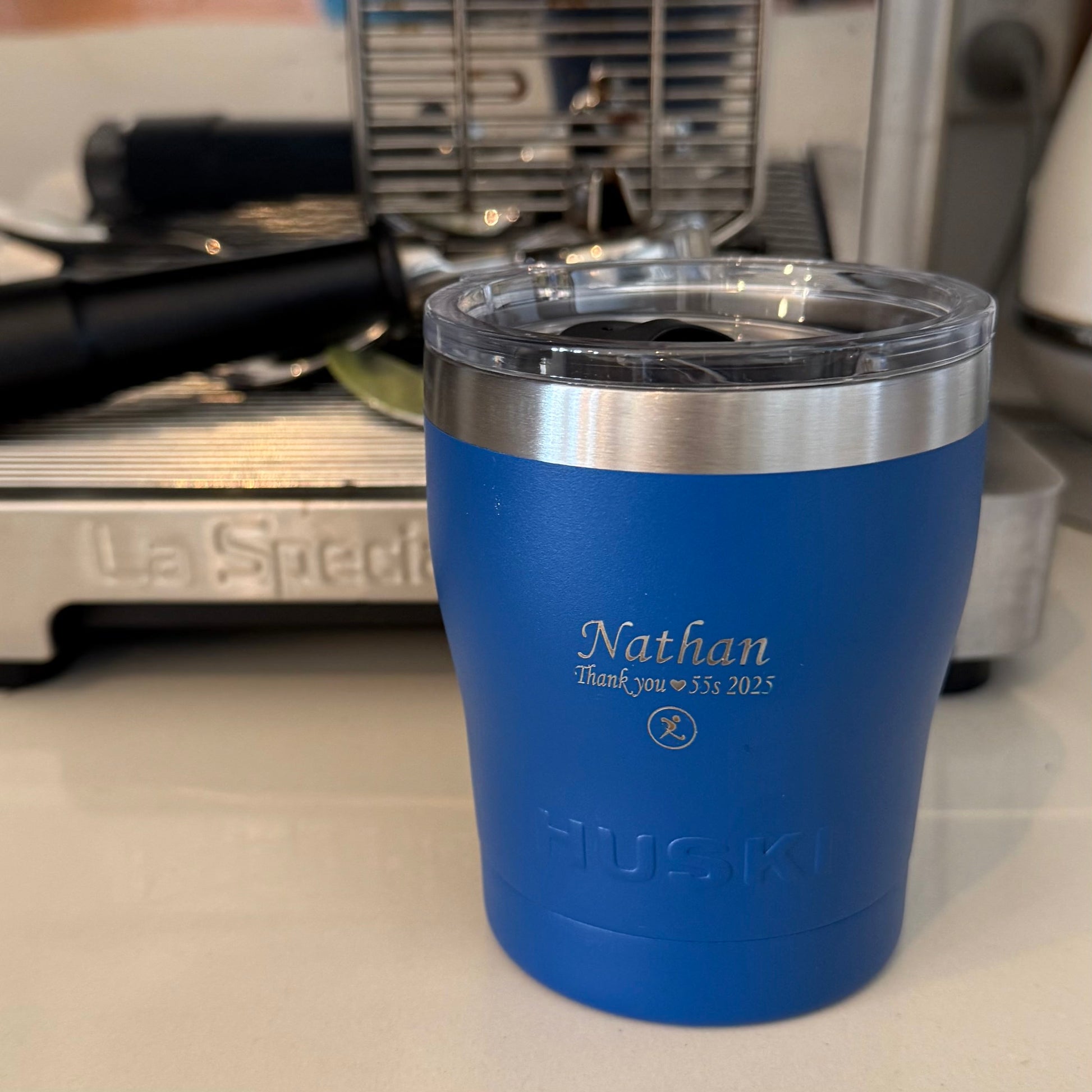 engraved coffee keep cup - coach gift huski blue short tumbler