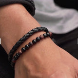Engraved Men's Black Leather and Bead Bracelet