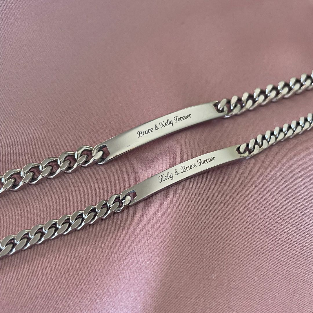 steel engraved bracelet, customised couples bracelets, personalised couples bracelets, engraved couples bracelets