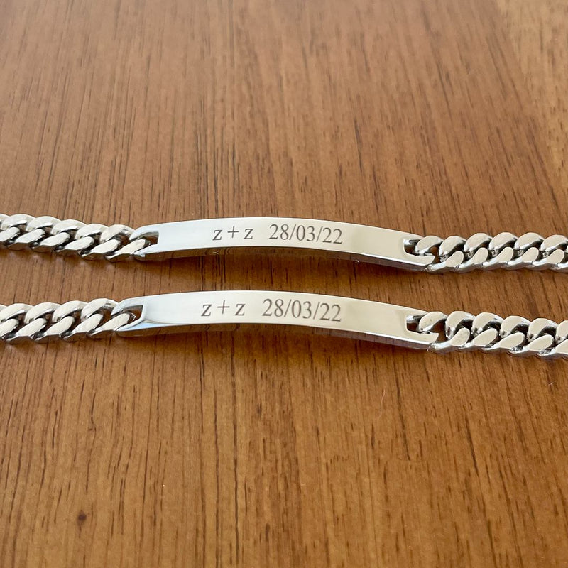 steel identity bracelet engraved with couples initials and anniversary date