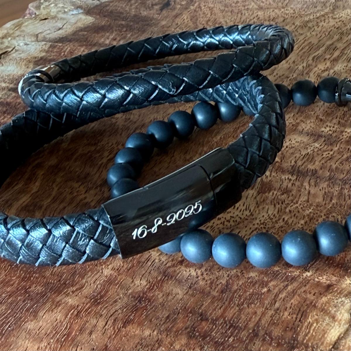 date engraved on mens black leather bracelet stack