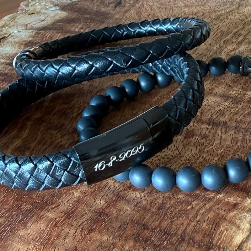 date engraved on mens black leather bracelet stack