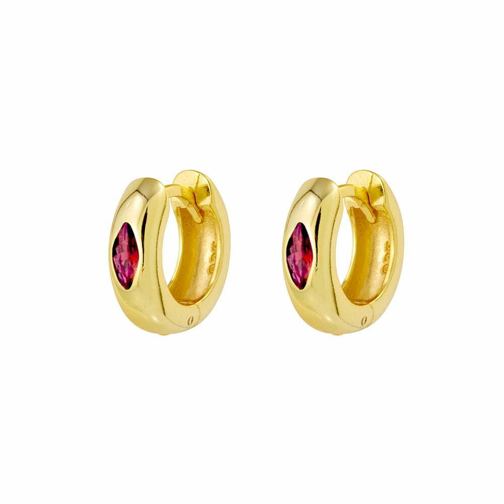 Sterling silver gold plated rounded wide mini hoop earrings with ruby pink CZ