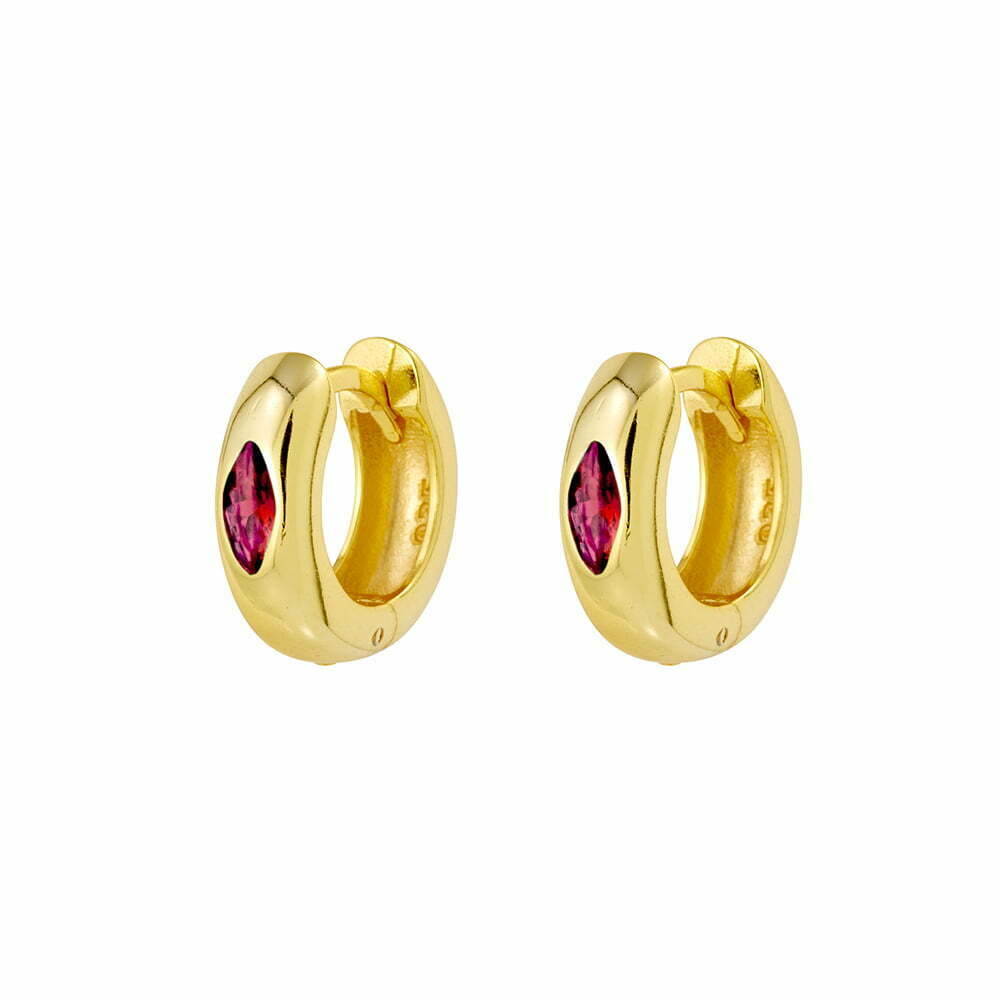 Sterling silver gold plated rounded wide mini hoop earrings with ruby pink CZ