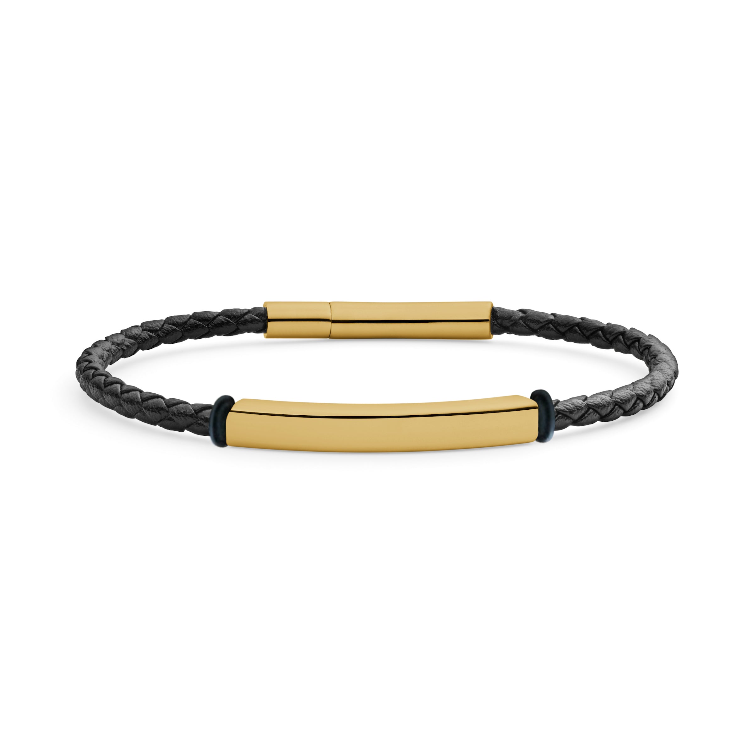 engrave the front of this leather and gold steel bracelet