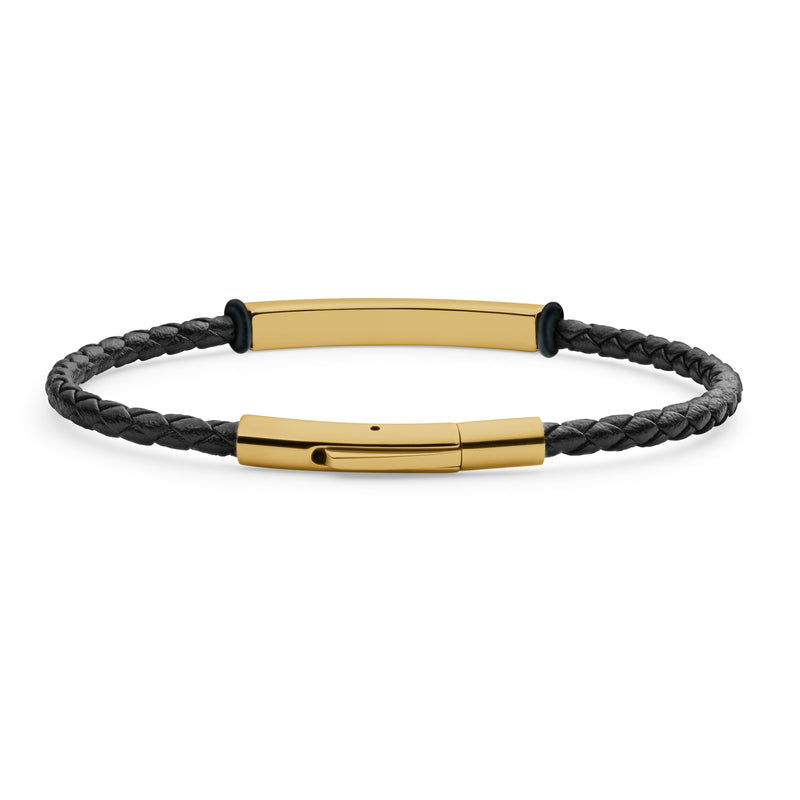 engrave the inside of this leather and gold steel bracelet
