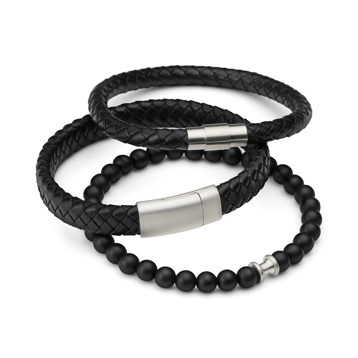 personalised black leather bracelet set with brushed silver clasp that can be customised by adding text