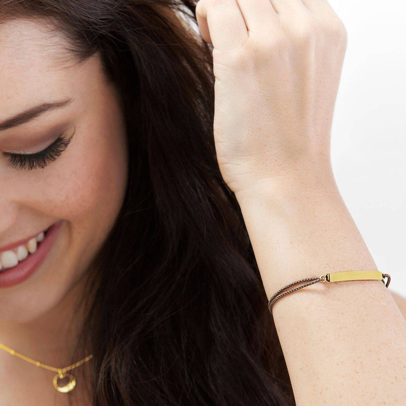 engraved gold id bracelet with natural cord