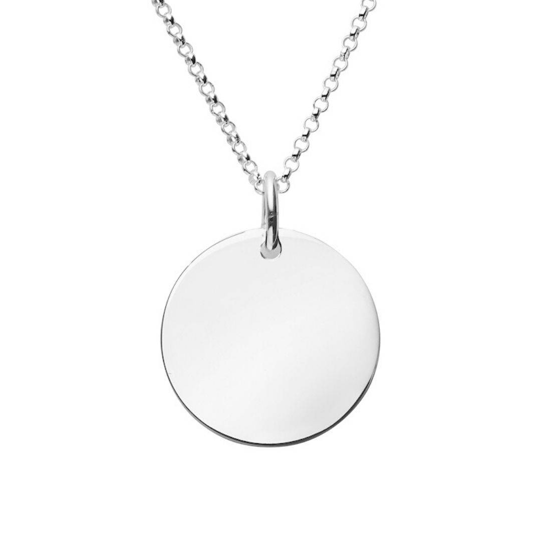 engraved large disc necklace with rolo chain