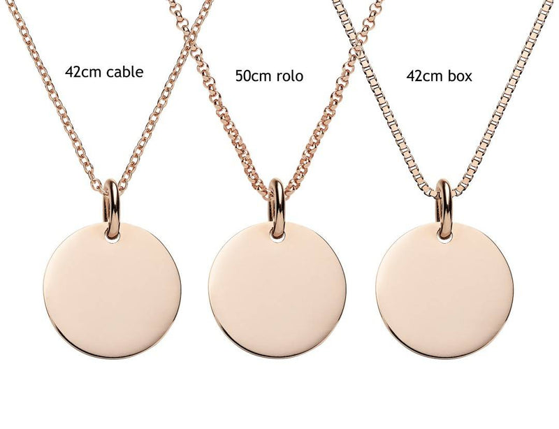 engraved rose gold discs on 3 different chains