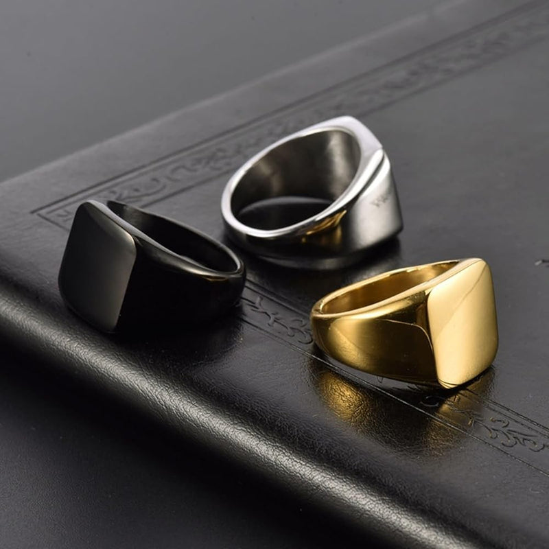 black, silver or gold tone mens steel signet rings personalised 