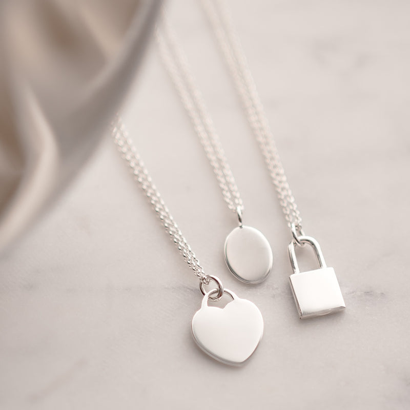 sterling silver necklace you can engrave, lock, oval or heart shaped pendants