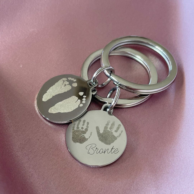 baby handprint engraving, baby footprint engraving, personalised baby keyring, engraved keyring