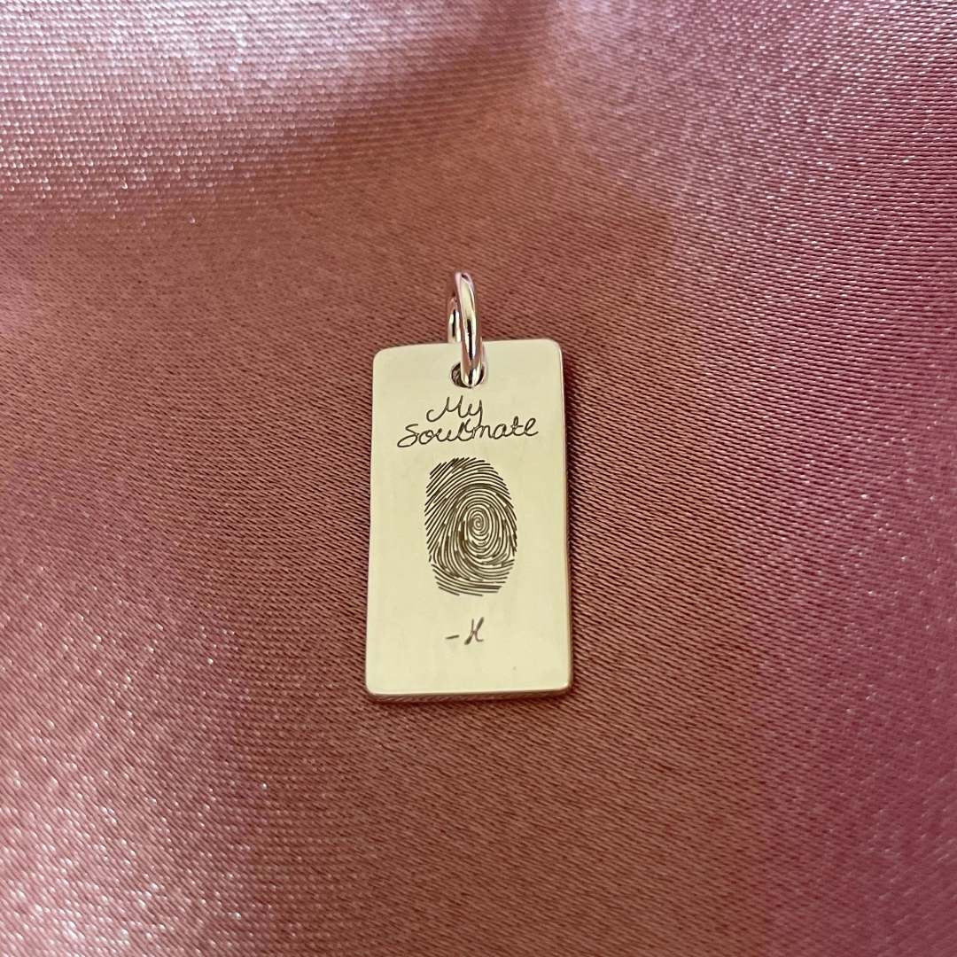 fingerprint and handwriting engraved on sterling silver bar pendant