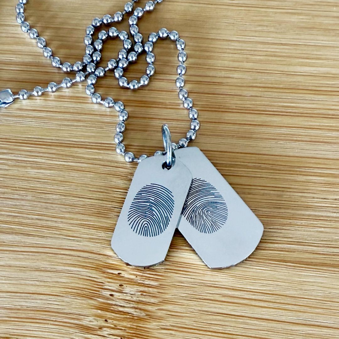 mens dog tag neckace with two fingerprint engrvaed on each tag