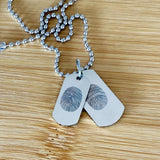 mens dog tag neckace with two fingerprint engrvaed on each tag