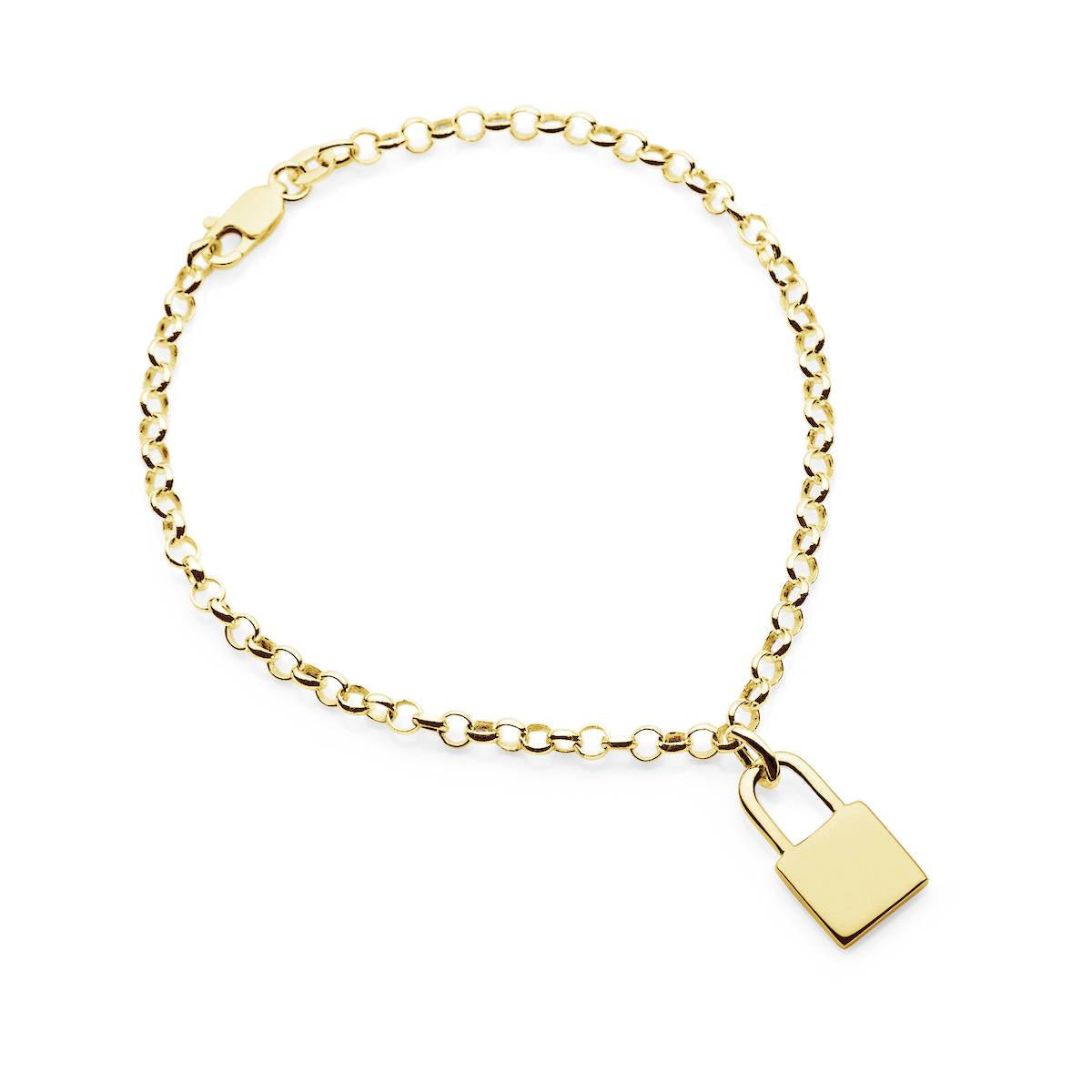 gold belcher bracelet with lock pendant