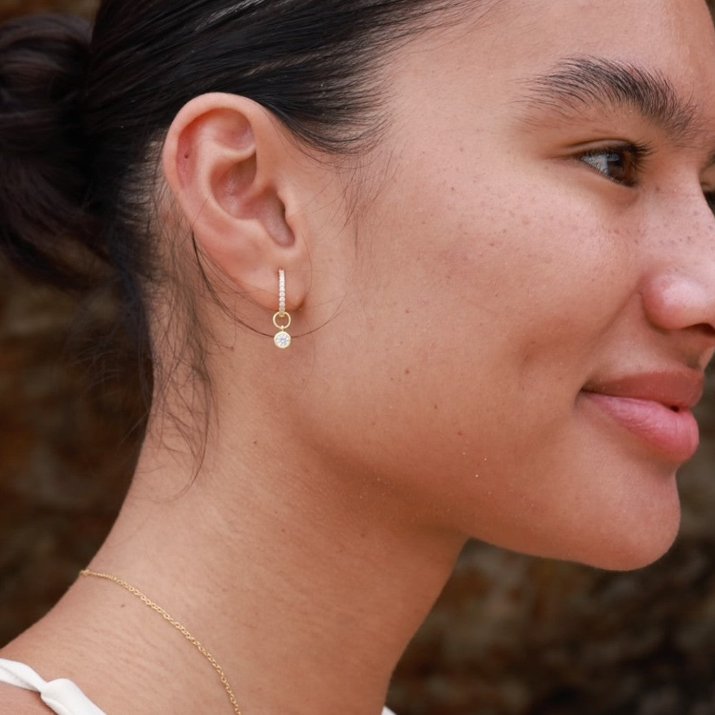 gold huggie hoop earring diamante CZ with interchangable charms