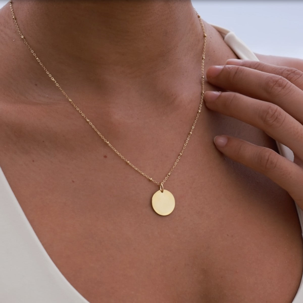 gold disc necklace with satellite chain can be engraved