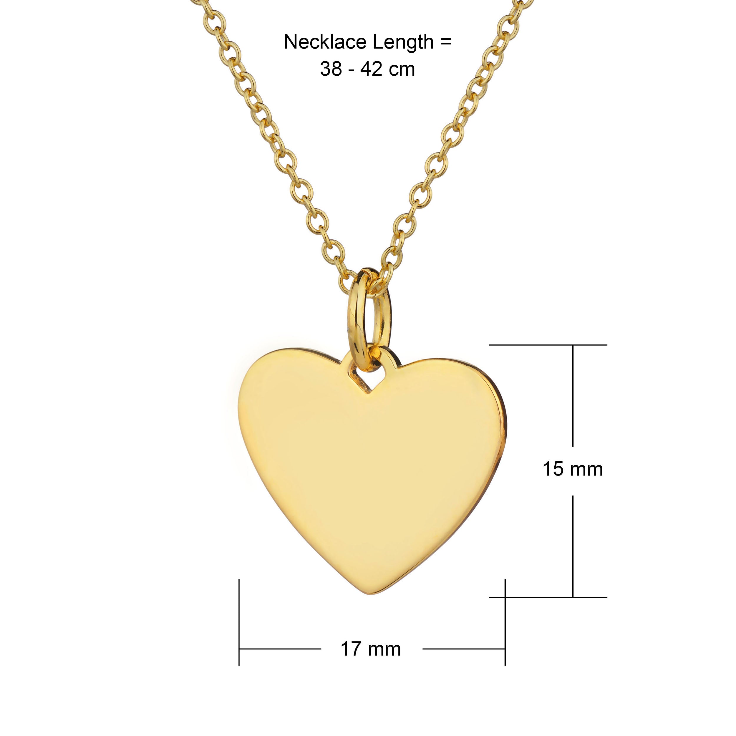 gold heart necklace with 17mm wide heart pendant and 42cm cable chain