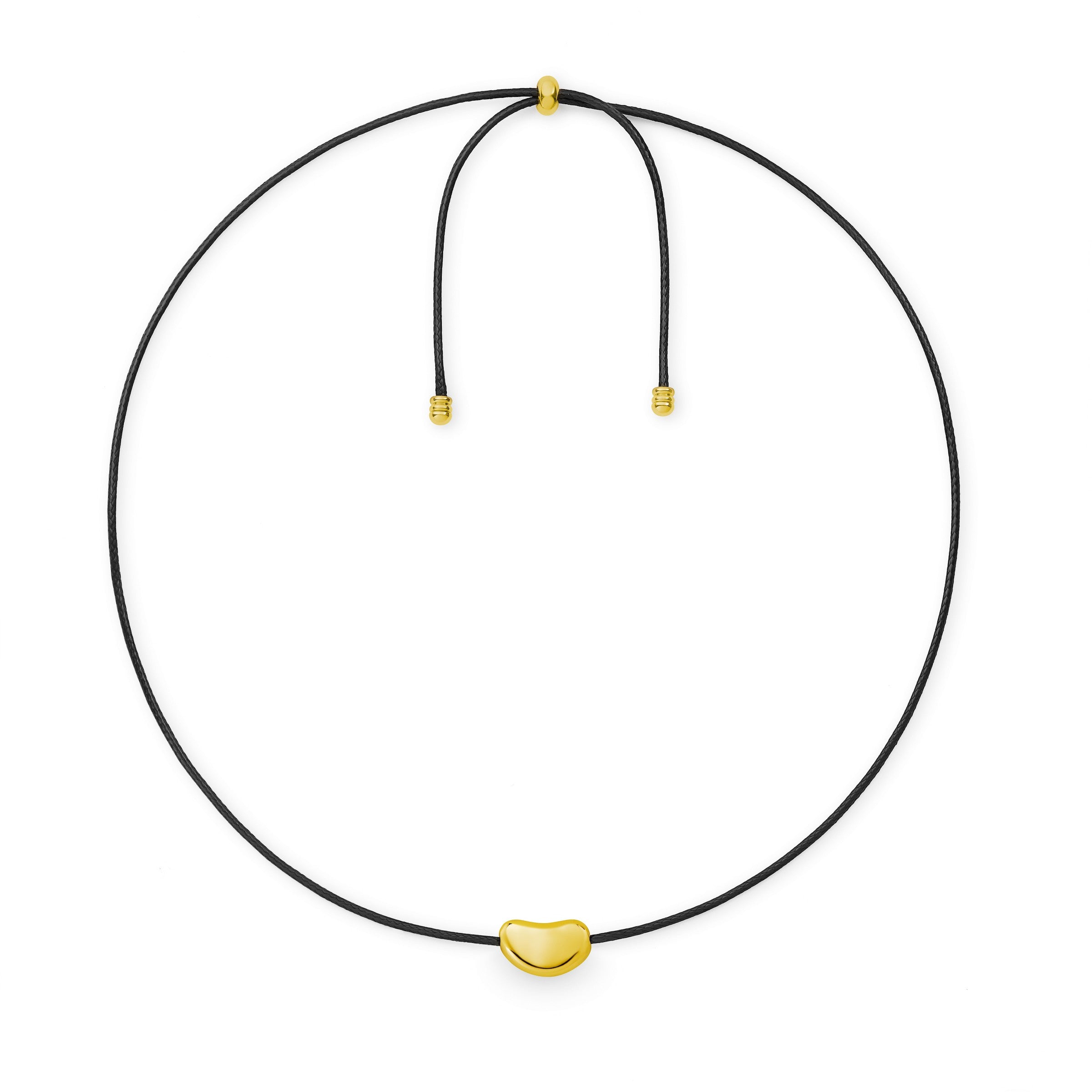 Necklace with a gold bean shaped pebble pendant on a black cord - can be engraved on back of pendant 