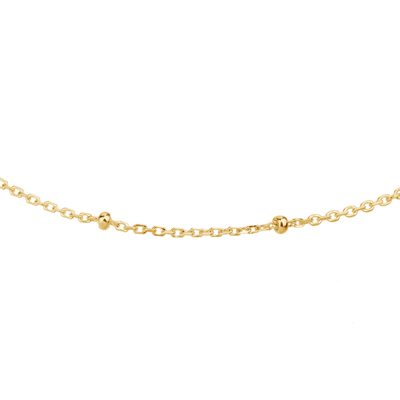 gold satellite chain is made from 1mm cable chain with beads spaced evenly