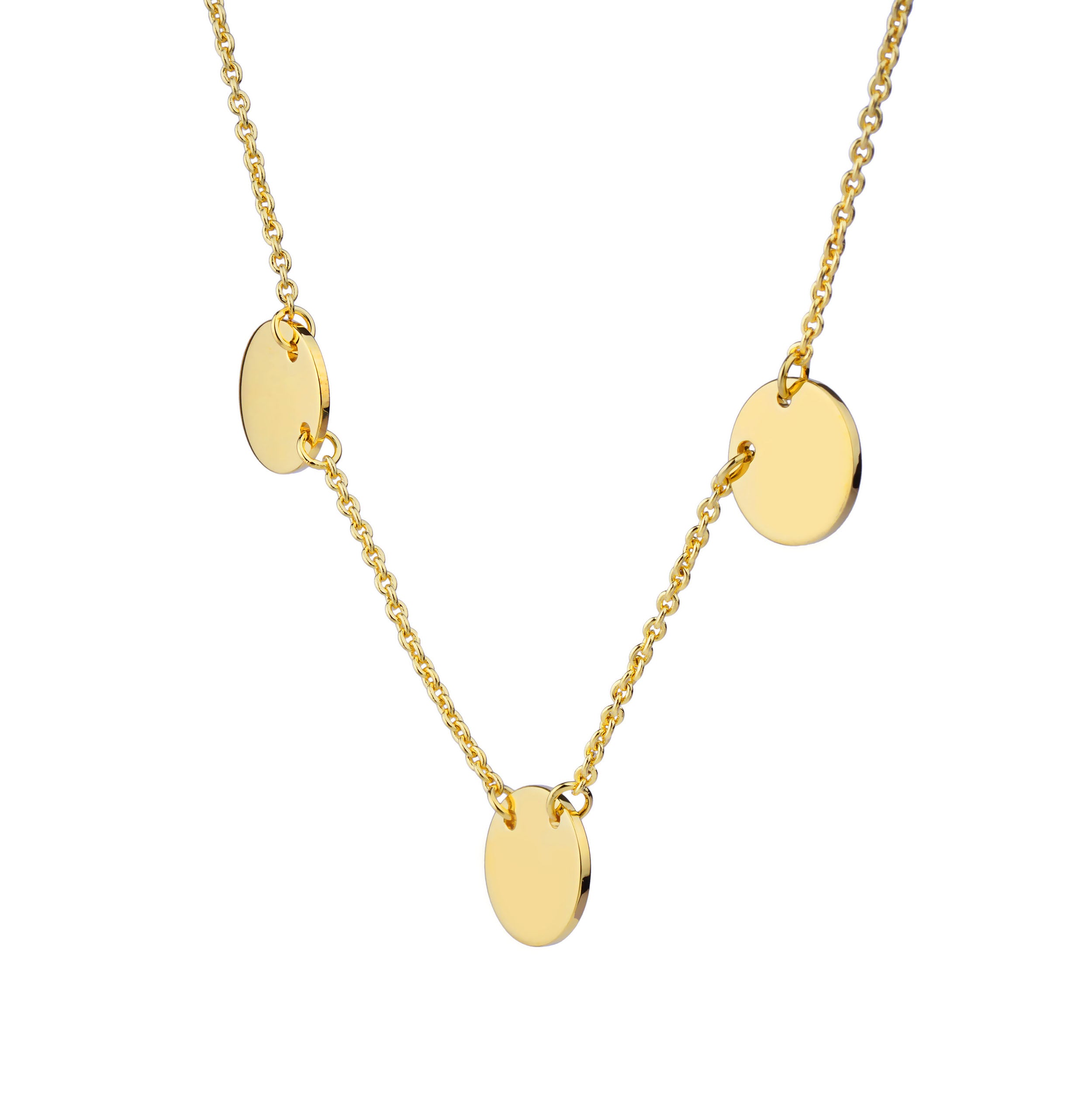 personalise each disc pendant that is suspended on this gold necklace 