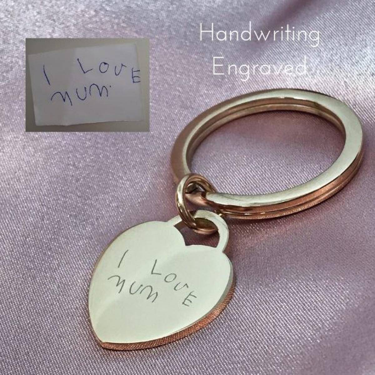 hand writing engraved on rose gold heart keyring