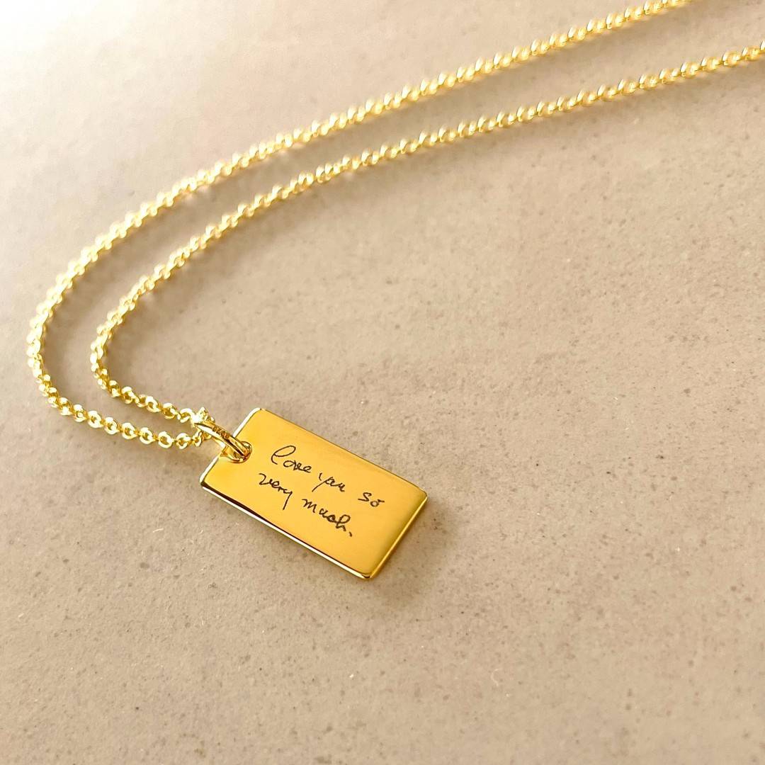 handwriting engraved on gold bar necklace