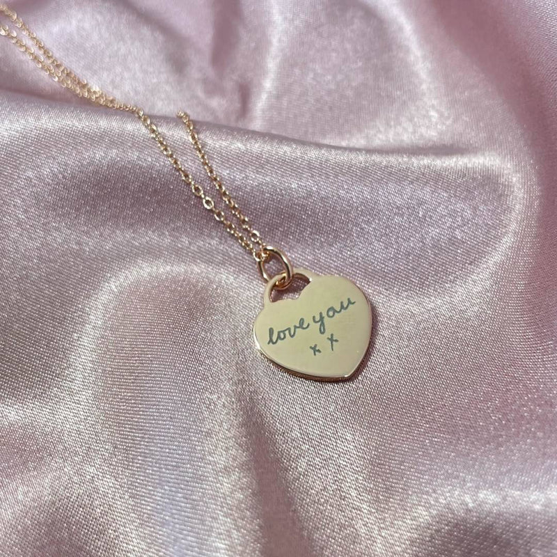 handwriting engraved on rose gold heart tag necklace