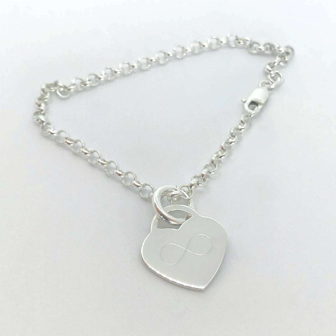 heart tag bracelet engraved with infinity symbol