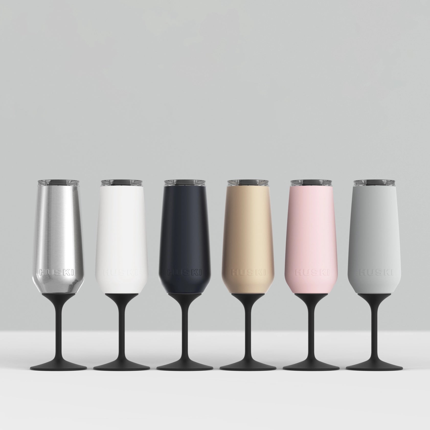 huski champagne flute colours silver, white, black, champagne, pink and grey