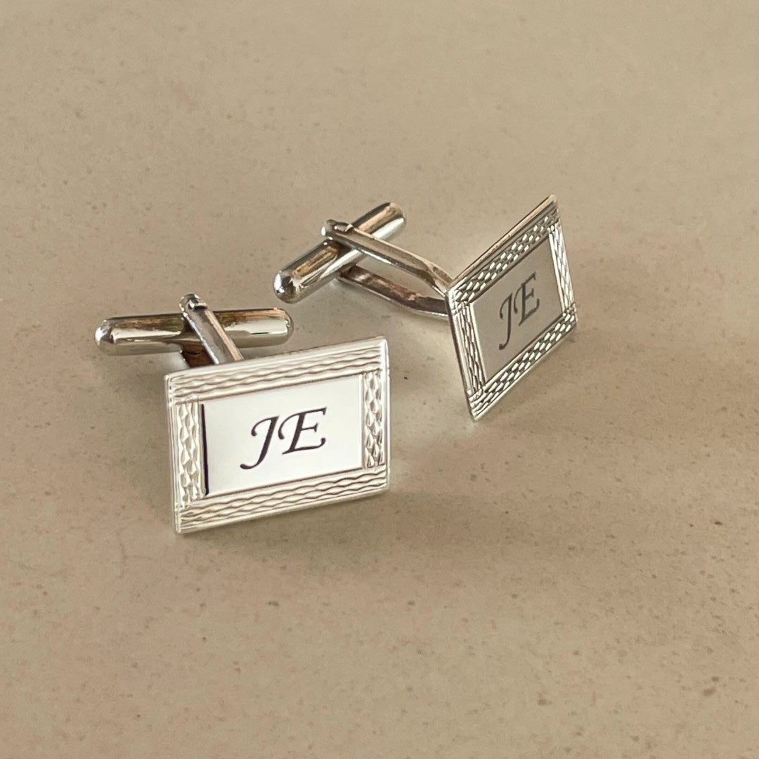 rectangle sterling silver cufflinks engraved with initial JE