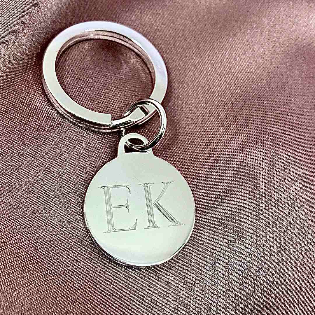 initials EK engraved on sterling silver keyring