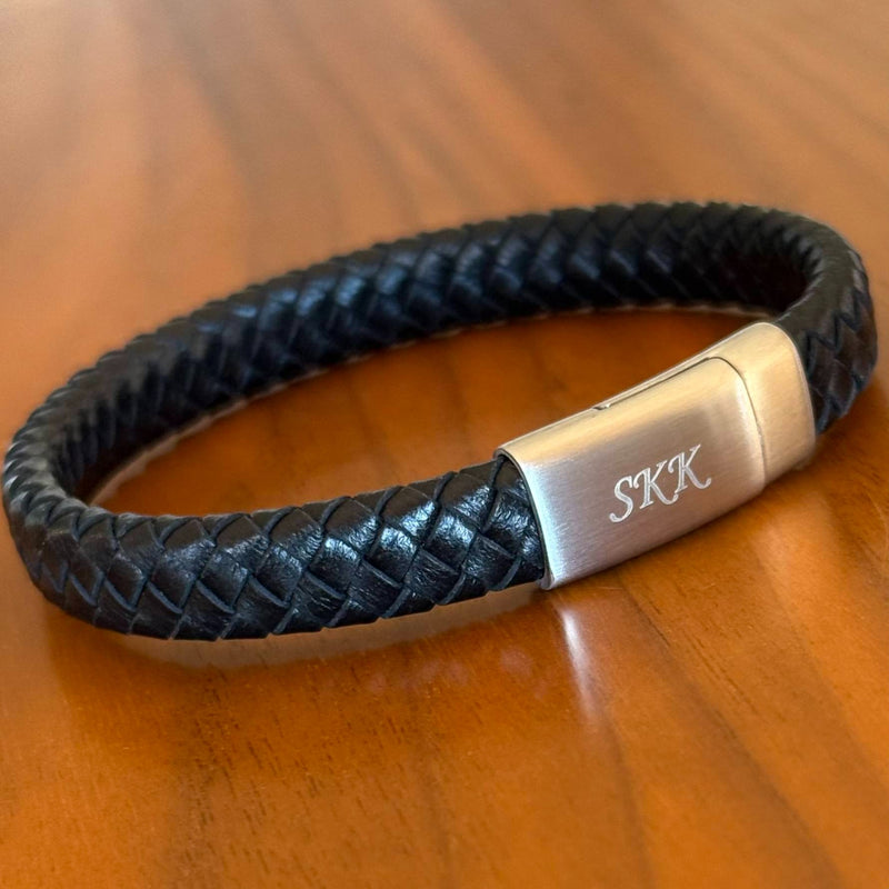initaisl skk engraved on mens leather bracelet