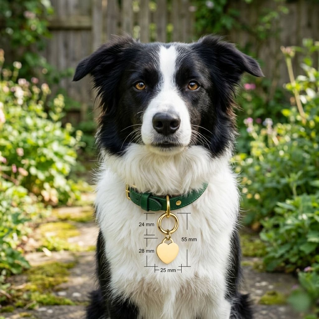 Dog with a green collar and gold heart pe identity tag