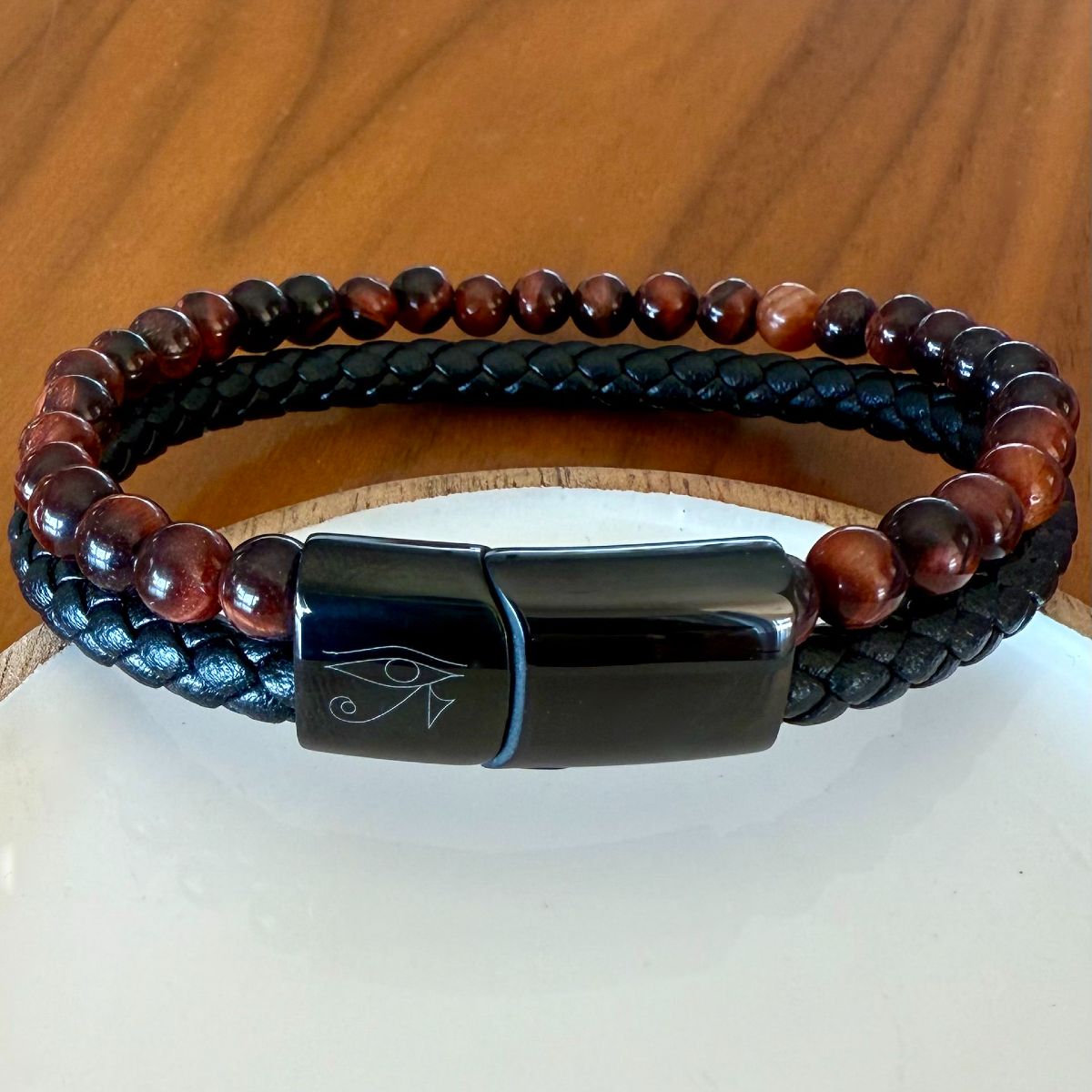 mens leather and bead bracelet engraved with Eye of Horus for protection, health and restoration.