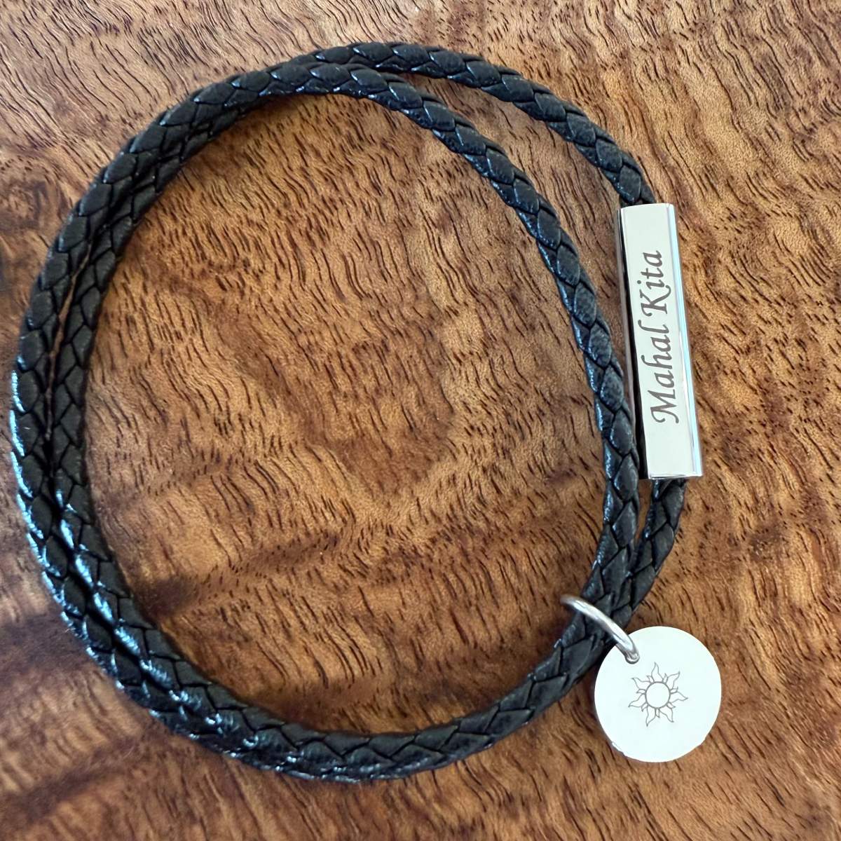 leather wrap bracelt engraved in Tagalog language meaning I love you 