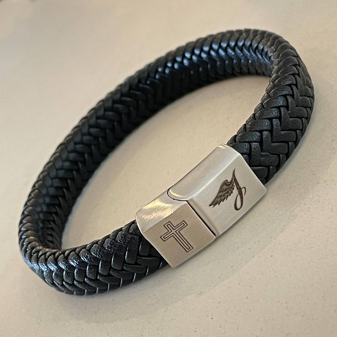 Engraved Mens Black Braided Leather Bracelet - Main Image