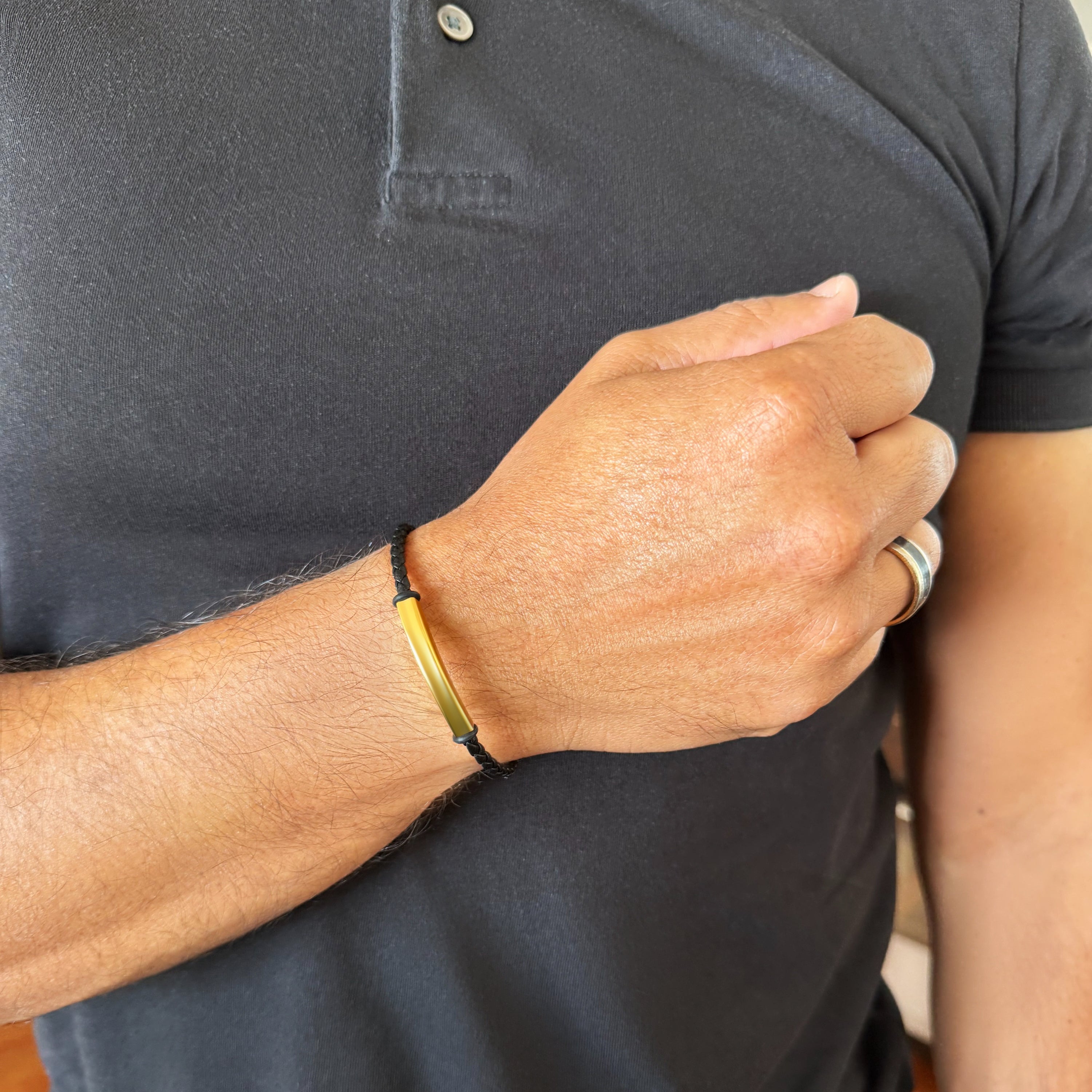 mens woven leather and  gold steel id bracelet