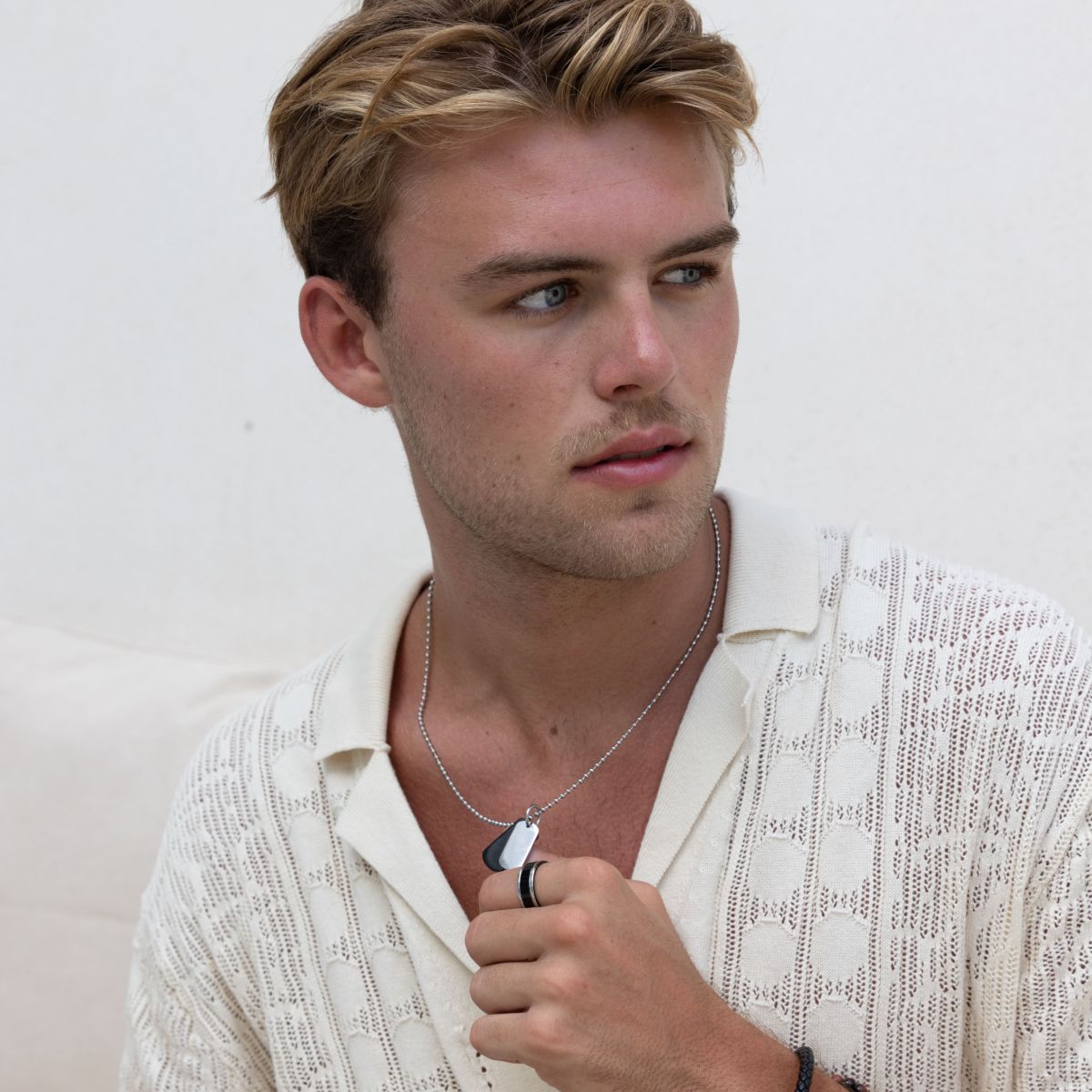 engrave both mens black and silver steel double dog tag necklace with black and silver steel ring 