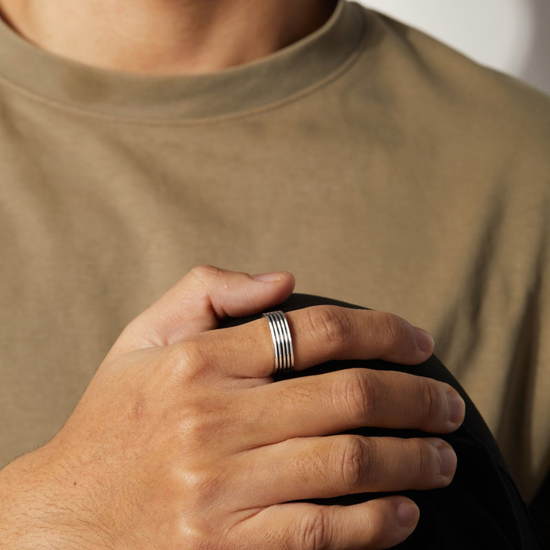 mens sterling silver ring with black line detail can be engraved