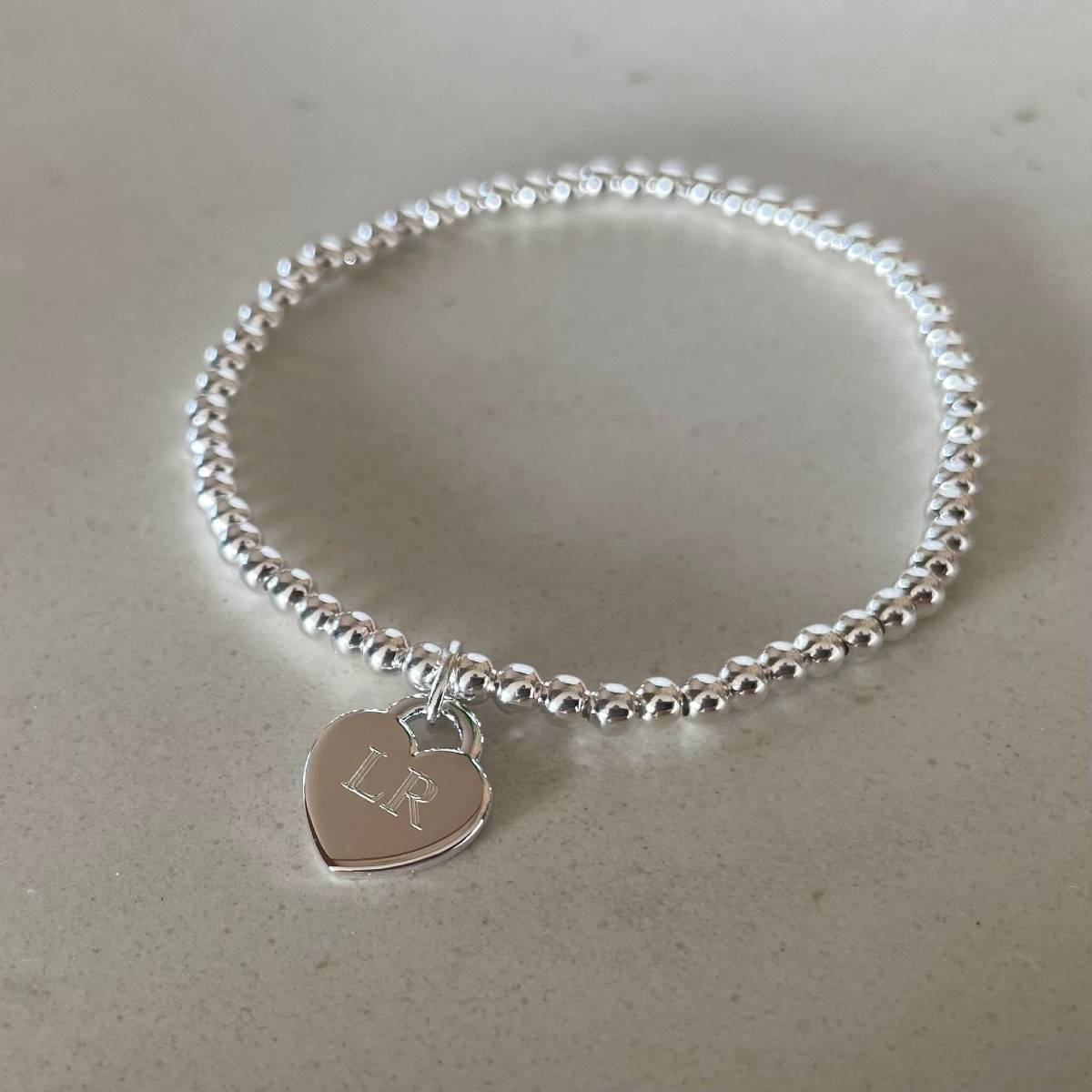 Sterling outlet Silver Engraved Heart Charm Stretch Bead Bracelet